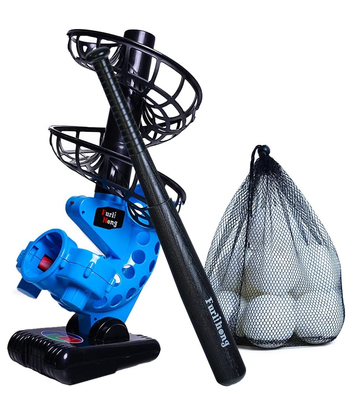 Furlihong Portable Baseball Pitching Machine with Bat and 12 Training Balls Battery Powered with 3 Adjustable Launch Angles for Kids and Beginners