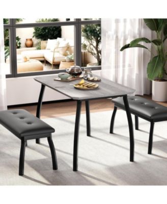 3-Piece Retro Dining Set Space-Saving Table and 2 Upholstered Benches for 4 Chamfer Design Metal Frame Kitchen Furniture for Apartments Studios