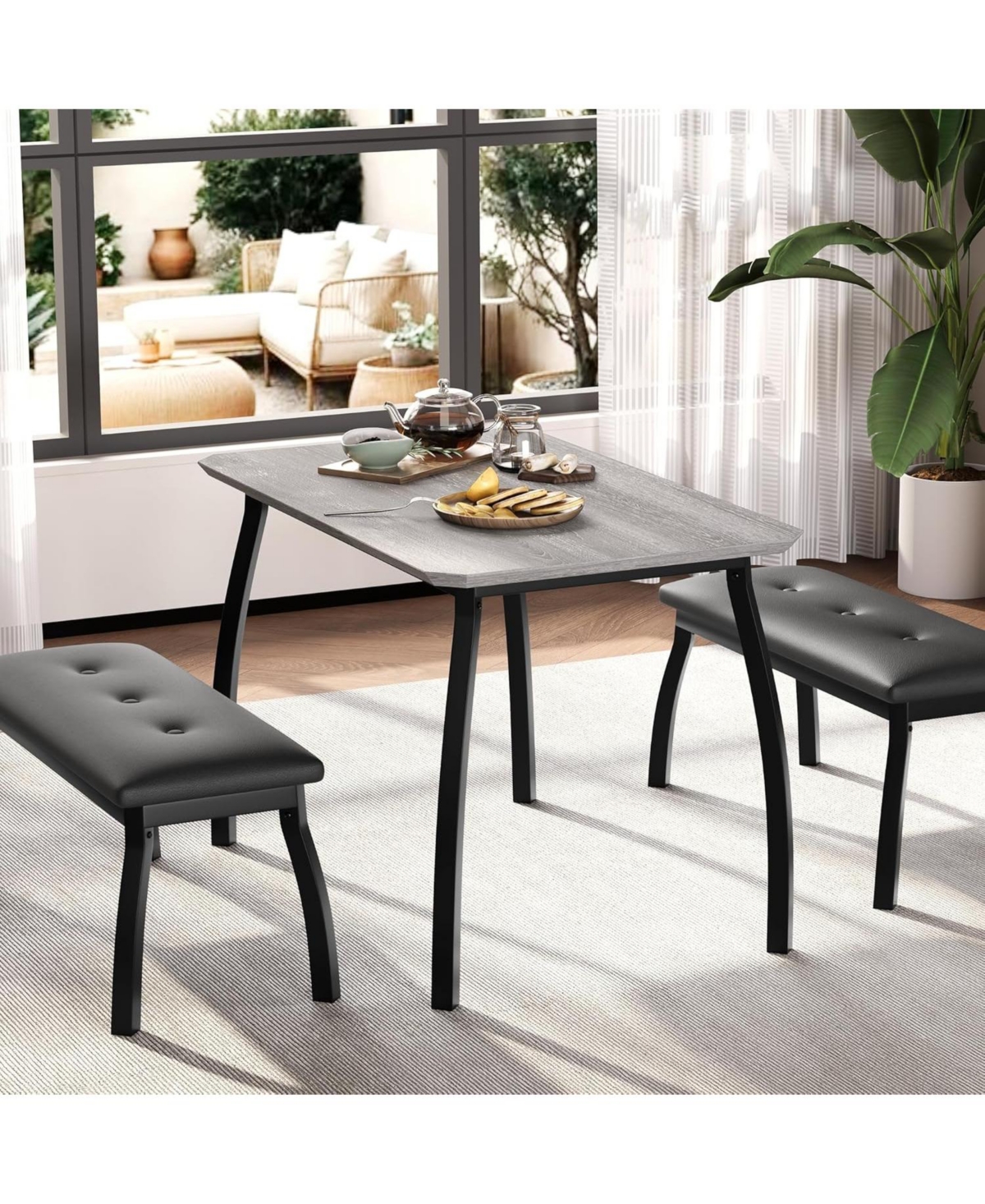 gaomon 3-Piece Retro Dining Set Space-Saving Table and 2 Upholstered Benches for 4 Chamfer Design Metal Frame Kitchen Furniture for Apartments Studios