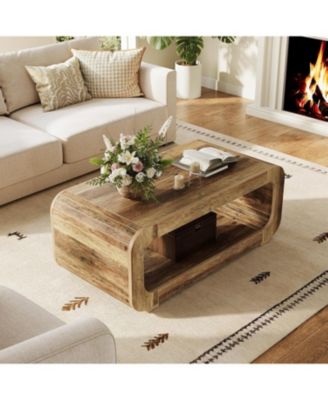 2-Tier Wooden Rectangular offee Table for Living Room,47-Inch Farmhouse Accent Center Table with Open Storage, Low Cocktail Tea Table