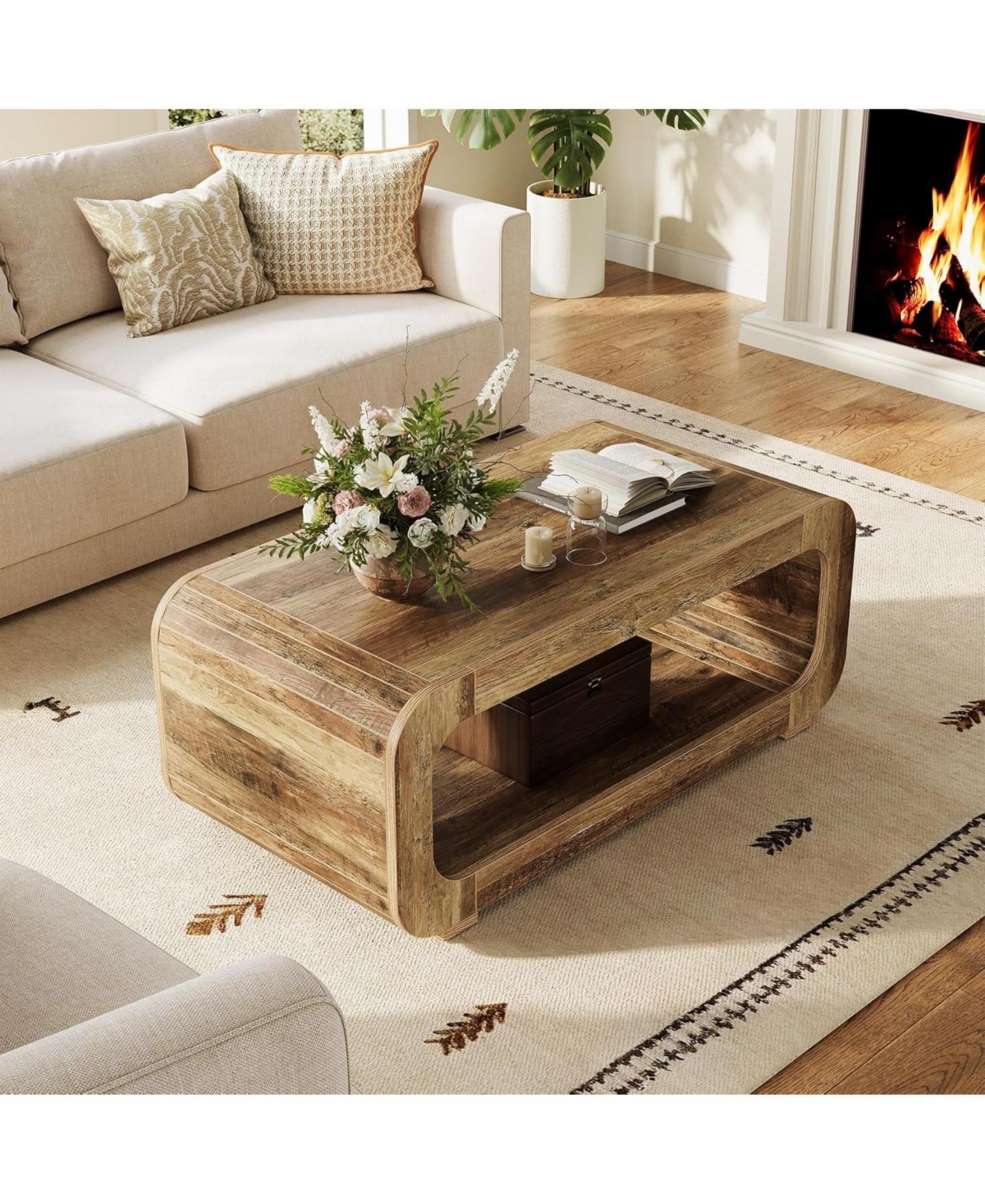 Tribesigns 2-Tier Wooden Rectangular offee Table for Living Room,47-Inch Farmhouse Accent Center Table with Open Storage, Low Cocktail Tea Table