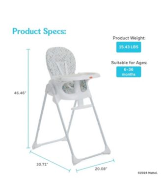 Baby Fisher Price Tiny Bites highchair one-click fold, 7 heights, 2 reclines, removable dishwasher-safe tray, lightweight and space-saving.