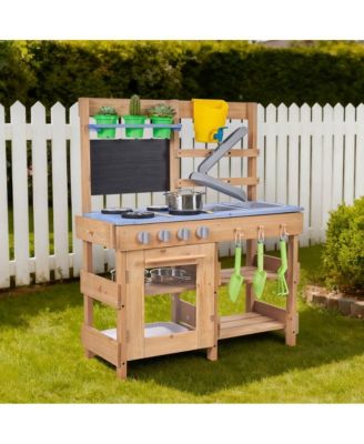 Wooden Outdoor Mud Kitchen with Stoves, Hooks, and Cookware