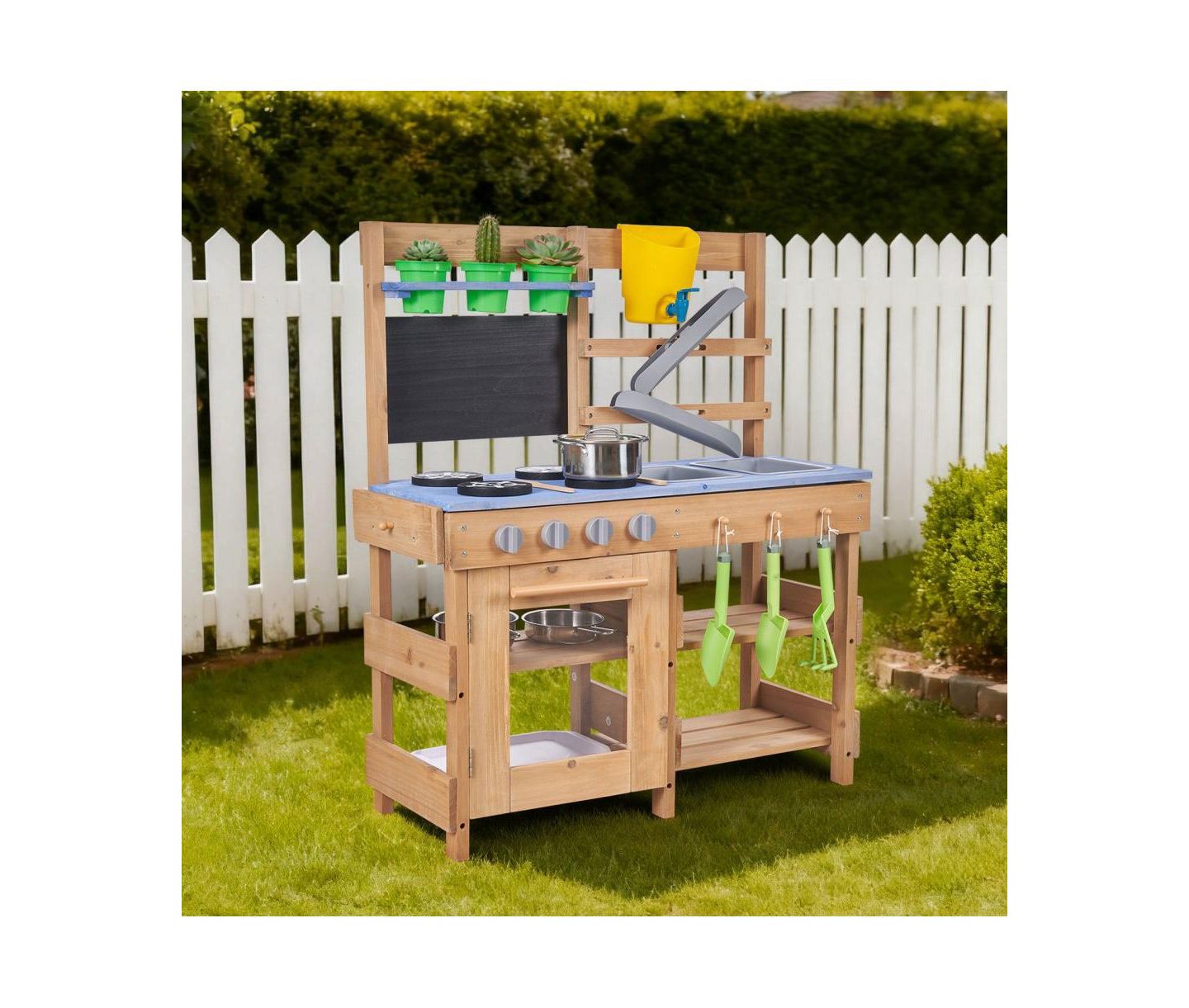 Детская игрушка Slickblue Wooden Outdoor Mud Kitchen with Stoves, Hooks, and Cookware, цвет: Синий / Коричневый — фото 2