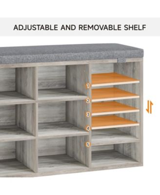 Gray 41" Padded Seat Shoe Storage Bench - 10 Cubes Adjustable Shelves Side Pockets Entryway Organizer