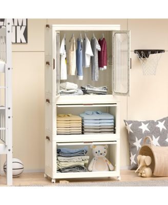 Portable Wardrobe Closet Storage Organizer,Clothes Dresser,Magnetic Doors with 4 Cubes & Hanging Rod