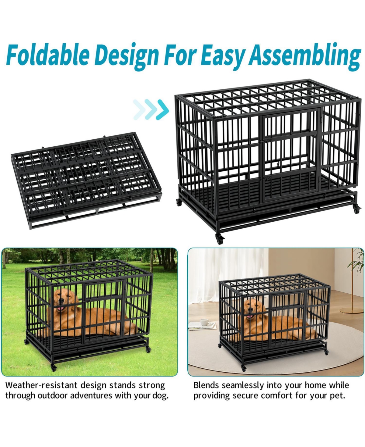 Aostirmotor Heavy-Duty Dog Crate with Wheels - Folding, Secure Cage with Removable Tray