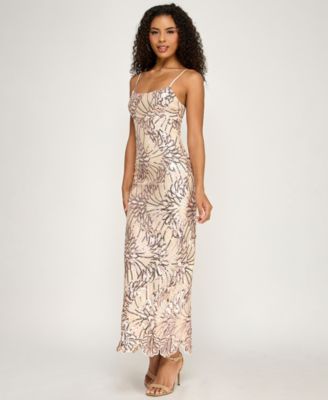 Juniors' Scoop-Neck Embroidered Sequin Maxi Dress