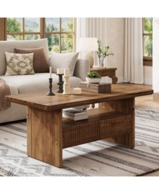 2-Tier Solid Wood Coffee Table with 2 Drawers, 47.24" Rustic Rectangle Center Tea Table for Living Room with Open Shelf Storage