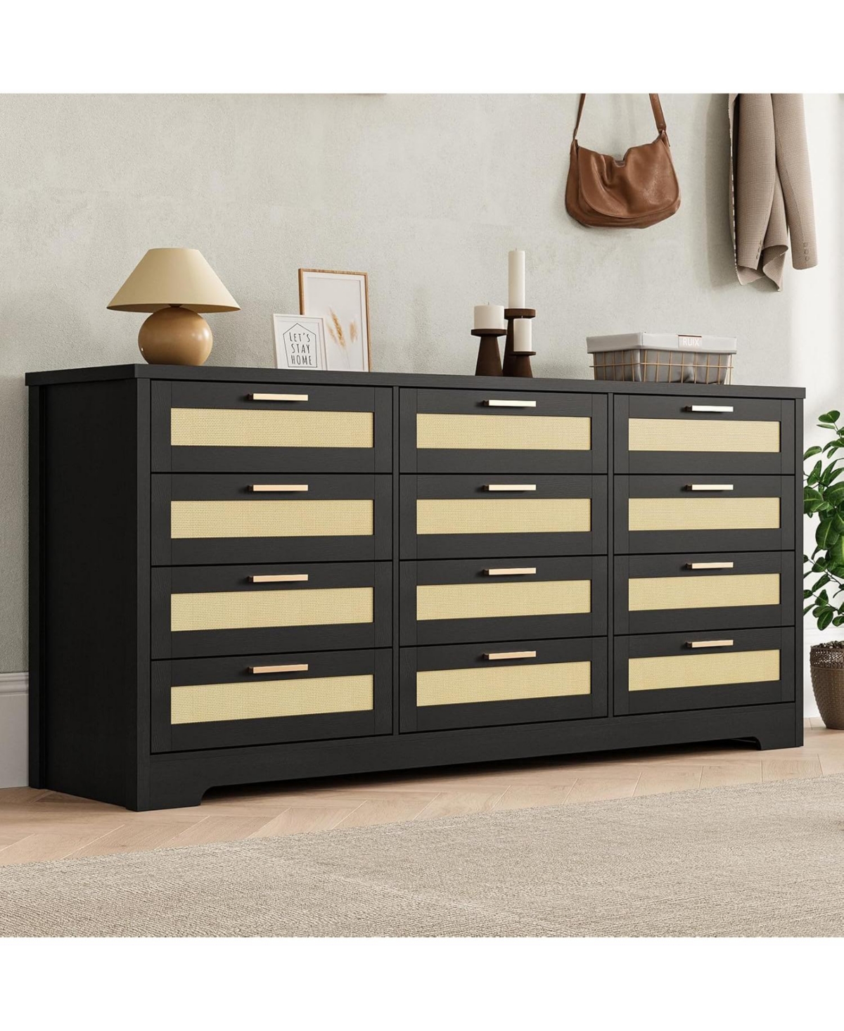 gaomon 12 Drawer Dresser for Bedroom, Modern Rattan Chest of Drawers, Wood Storage Organizer with Panel Drawers and Handles