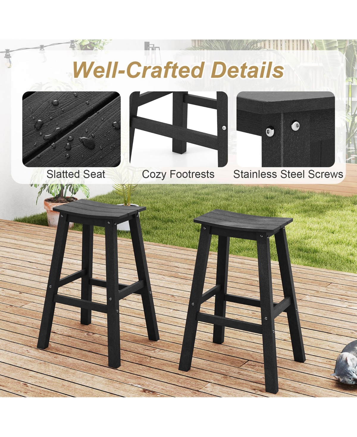 Gymax 29'' Patio Bar Stool Set of 2 w/ Curved Seat & Footrests for Backyard Outdoor