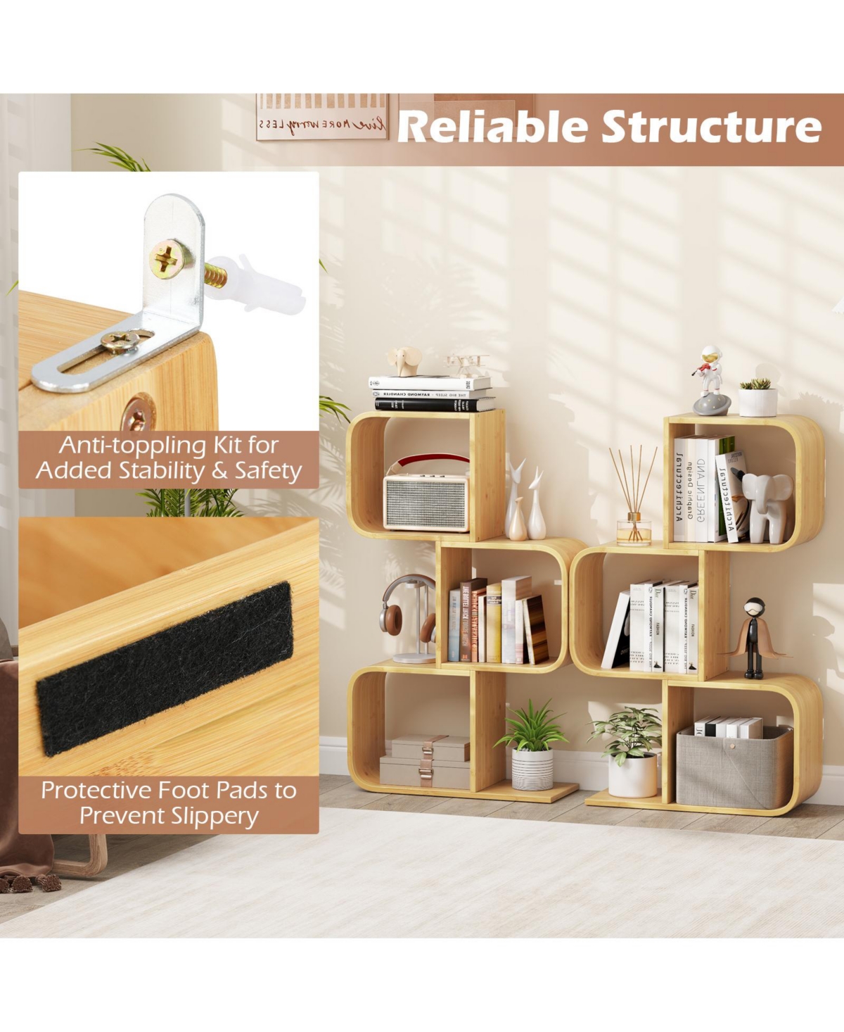 Sugift 3-Tier S-Shaped Bookcase with 3 Open Cubes for Living Room