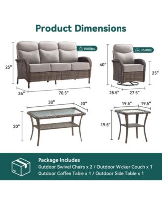 5-Piece Brown Wicker Patio Conversation Set with 6 in. Olefin Cushions/Patio Swivel Chair with Couch