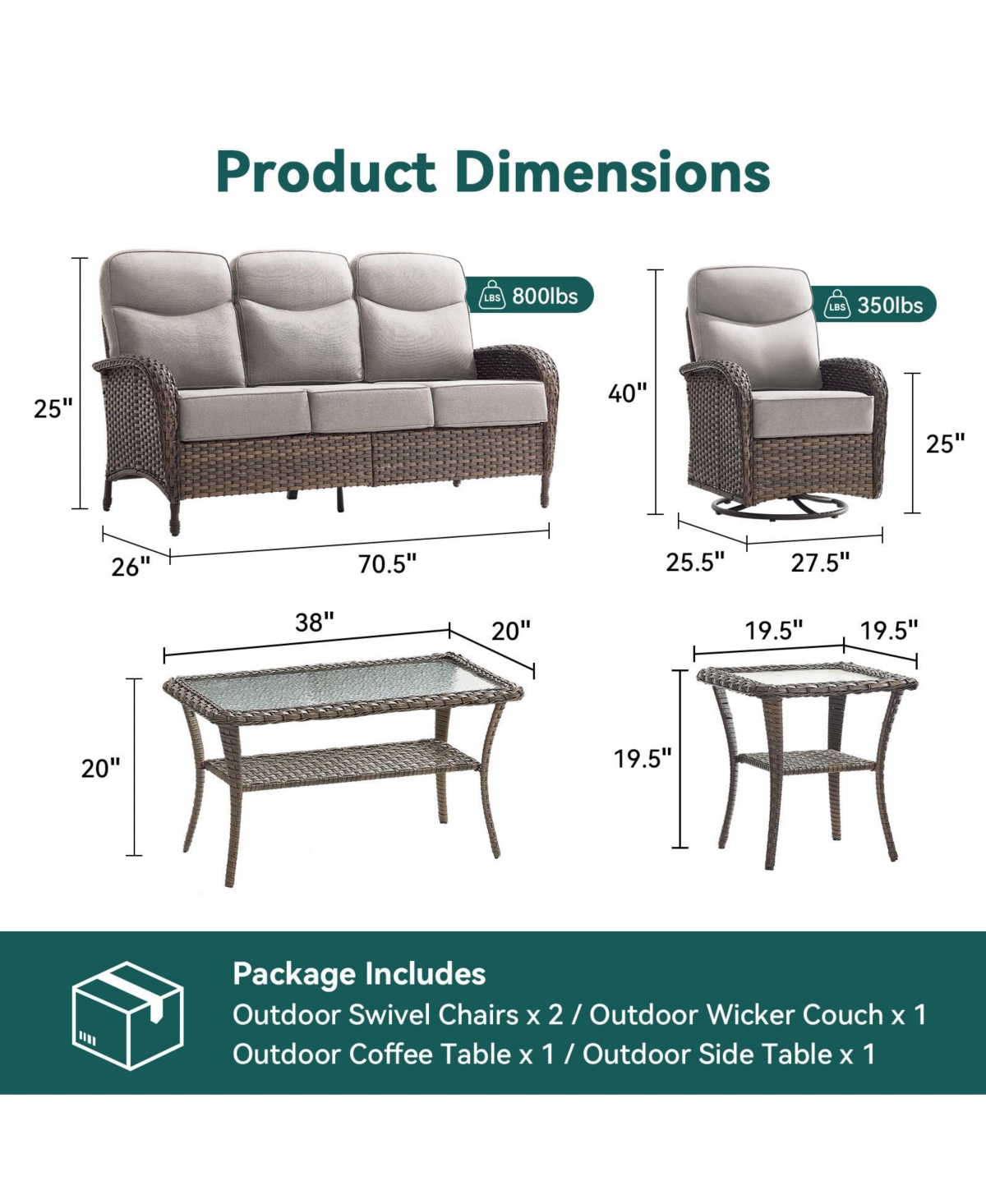 Gymojoy 5-Piece Brown Wicker Patio Conversation Set with 6 in. Olefin Cushions/Patio Swivel Chair Couch