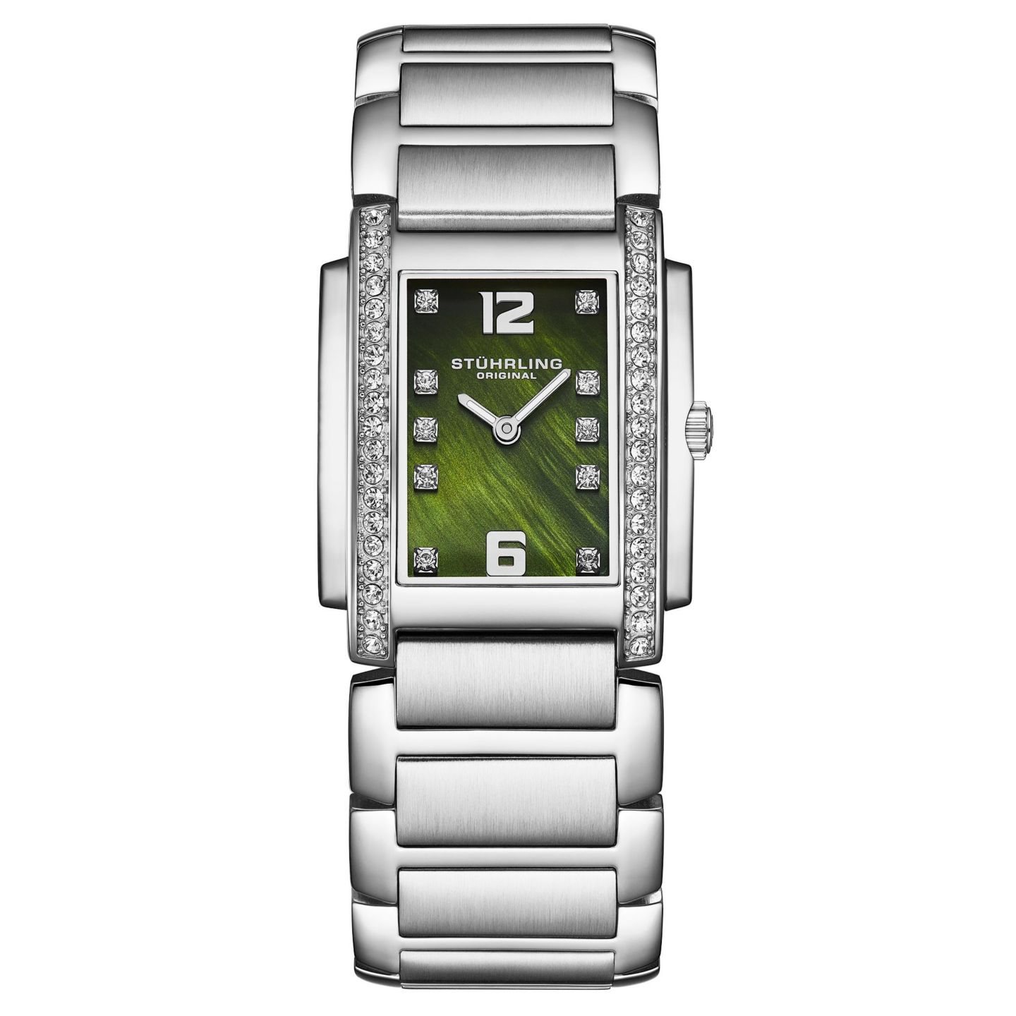Женские часы Stuhrling Serafine 4089.3 Rectangular Quartz Watch, Mother-of-Pearl Dial & Swarovski Crystal Bezel, цвет: Зелёный — фото 1