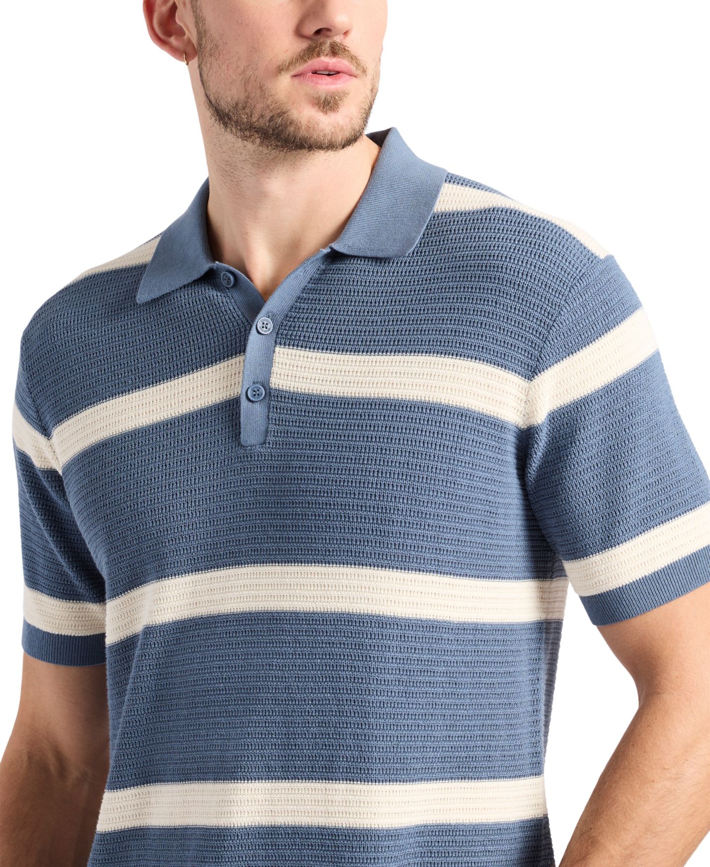 Мужской свитер Buffalo David Bitton Winder Textured Striped Polo Sweater, цвет: Стальной синий — фото 4