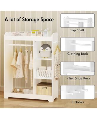 Wooden Dress Up Clothes Rack - Toddler Costume Organizer with Mirror, Hanging Rod, 3 Side Hooks, Storage Shelves and Top Shelf for Bedroom