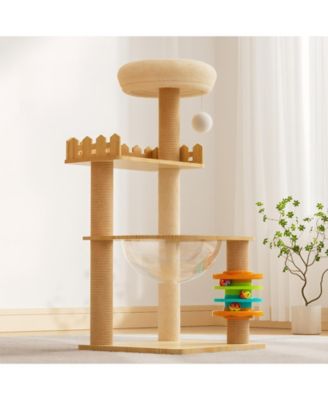 39.3" Modern Wood Cat Tree Tower with Scratching Posts, Perch, Hammock & Toys for All Cats