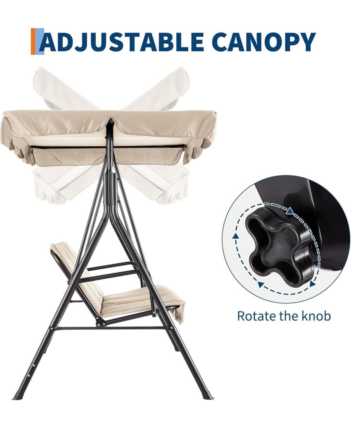 gaomon 3-Seat Patio Swing Chair with Adjustable Canopy and Thick Waterproof Cushions, Outdoor Steel Frame Porch Swing for Garden, Lawn, Backyard