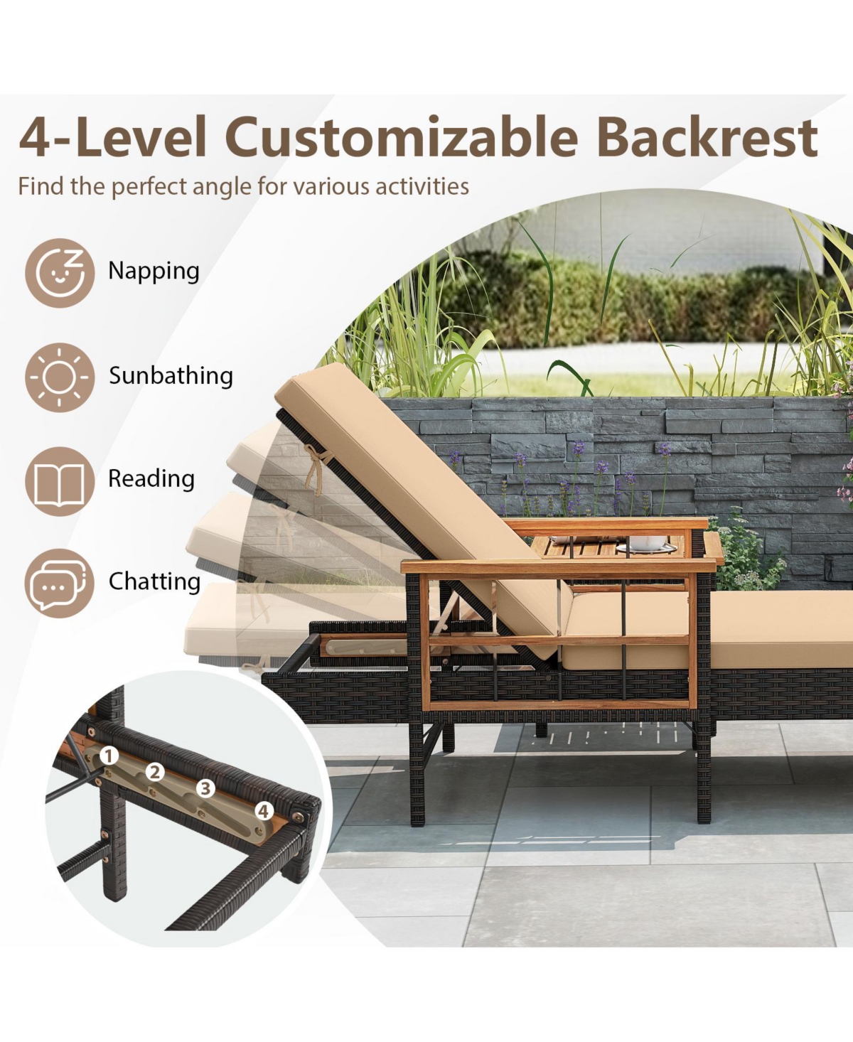 Gymax Set of 2 Patio Rattan Chaise Lounge Outdoor Reclining Lounger Chair w/ Wood Armrests