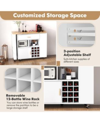 Reversible Folding Kitchen Island Cart with Wine Rack, Spice Rack, Rolling Wheels