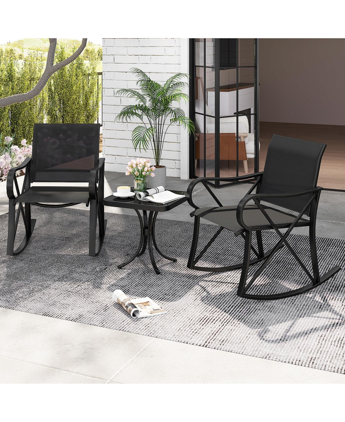 Gymax 3 Piece Patio Rocking Set 2 Chairs w/ Tempered Glass Side Table
