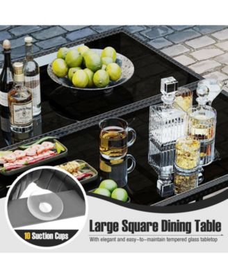 Set Of 9 Patio Dining Set w/Tempered Glass Table & Ottoman Removable Cushions