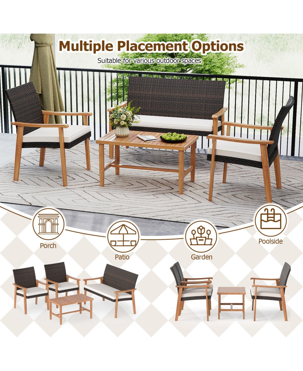 Gymax 4 Ocs Patio Furniture Set with Acacia Wood Coffee Table and Soft Cushions for Garden