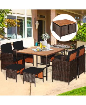Set Of 9 Patio Rattan Dining Set Cushioned Chairs Ottoman Wood Table Top