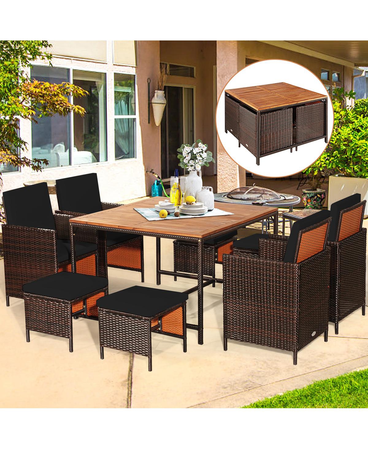 Gymax Set Of 9 Patio Rattan Dining Set Cushioned Chairs Ottoman Wood Table Top