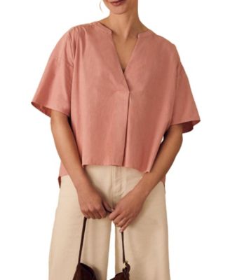 Women's Short Sleeve V-Neck Dipped Hem Blouse