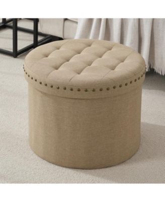 Large 20" Round Collapsible Storage Ottoman with Nailhead Trim