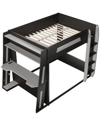 Queen Size Wooden Gaming Bunk Bed with Desk, USB & LED