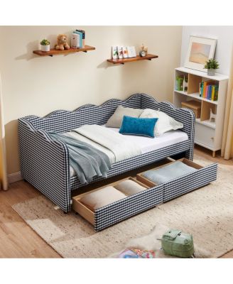 Twin Size Gingham Daybed with Storage Drawers, USB Port & Wave Shape