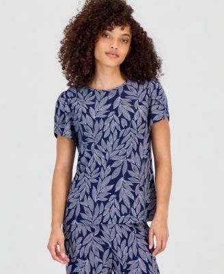 Petite Printed Tulip-Sleeve Top & Printed High Rise Pull-On Pants