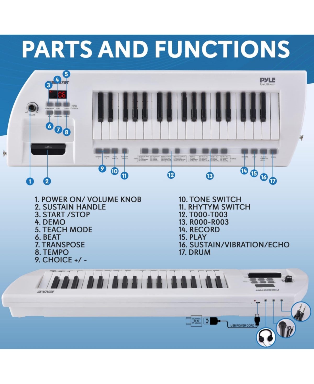 Pyle Electric Piano, 37-Key Music Keyboard, Built-in Stereo Speakers, Rechargeable Battery, Wired Microphone