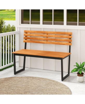 Outdoor Bench Acacia Wood Patio Loveseat w/ Backrest & Heavy Duty Metal Frame