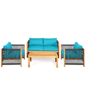Set Of 4 Wood Outdoor Patio Furniture Set w/Cushions Cushion Cover Sets