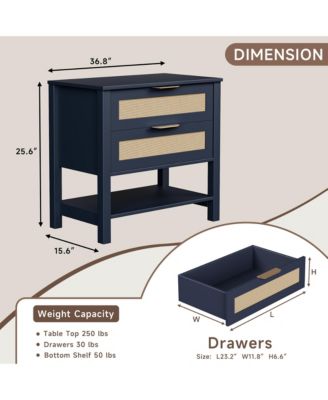 Rattan Nightstand - Bedside Table with 2 Drawers, Open Storage Shelf and Gold Drawer Handles for Bedroom, Living Room, Hallway