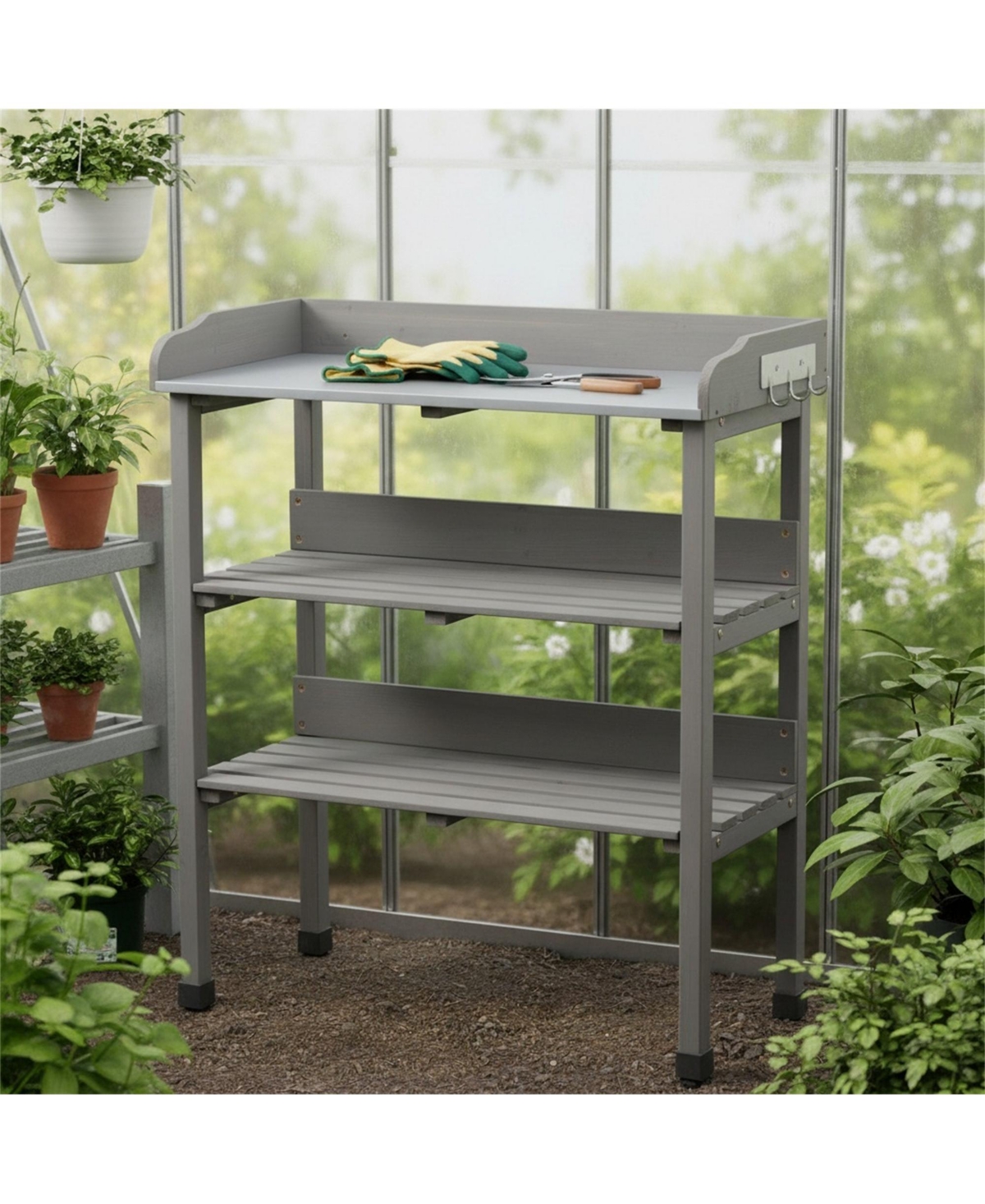 Clihome 3 Layers Outdoor Work Bench w/Hook, Metal Tabletop, Solid Wood Workstation