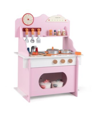 Wooden Play Kitchen Pretend Toy with Clock, Gift Set for Boys & Girls Ages 3