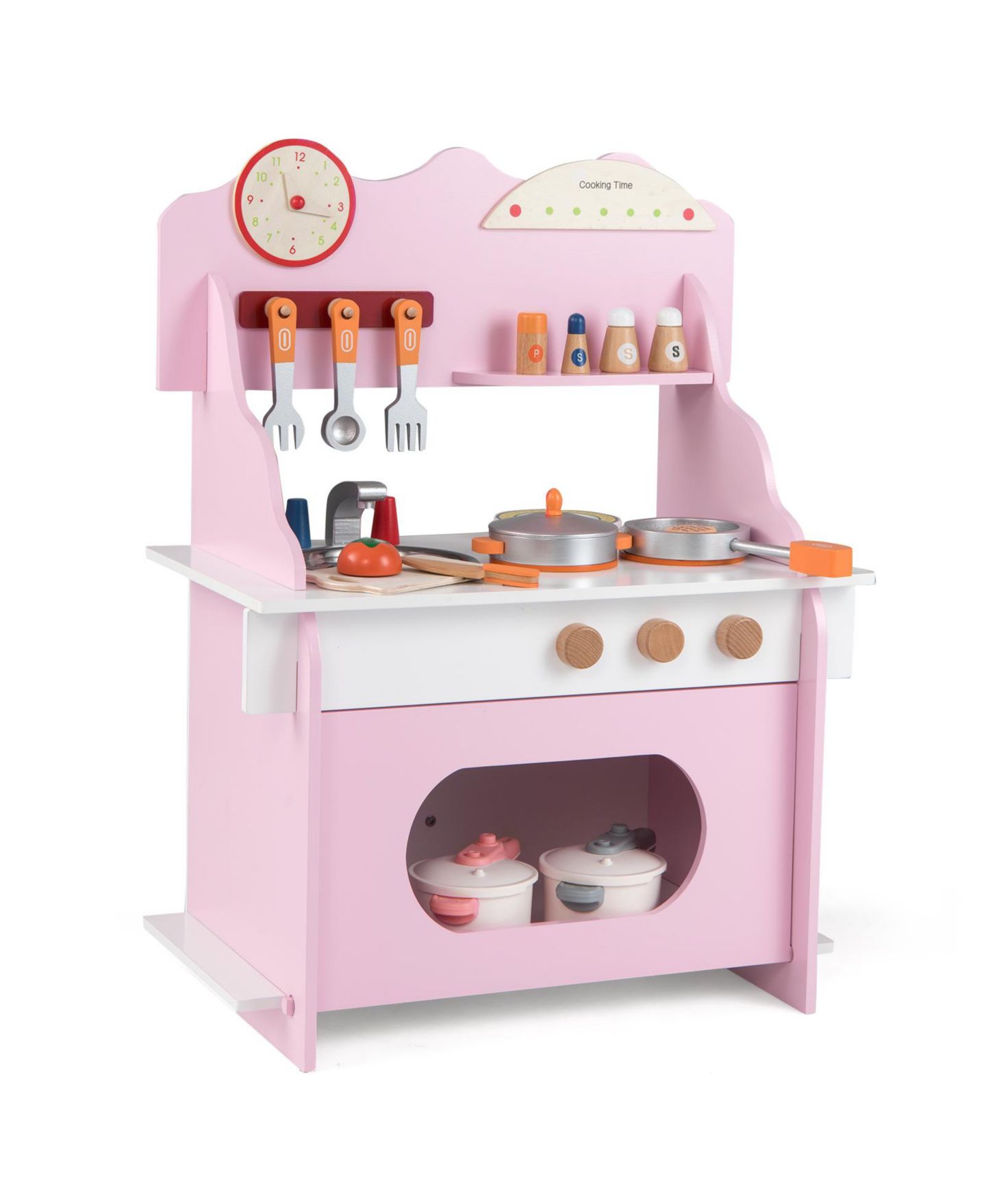 Детские игрушки Mecale Double-Burner Wooden Play Kitchen with Clock, 12-Piece Set, Ages 3+, цвет: Розовый — фото 7