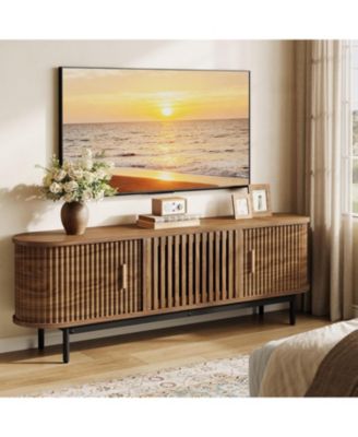 70" TV Stand for TVs up to 80", Wood TV Console with Metal Legs & Sliding Doors, Entertainment Center, Walnut