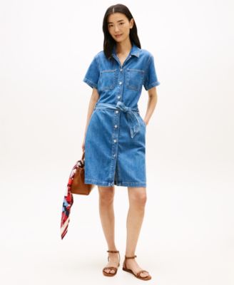 Women's Short-Sleeve Belted Denim Dress