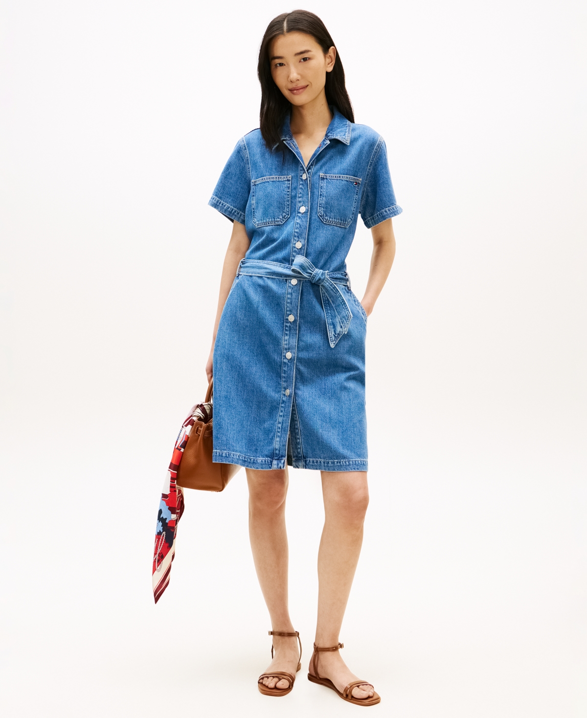 Tommy Hilfiger Women's Short-Sleeve Belted Denim Dress - Nos Mid Blue