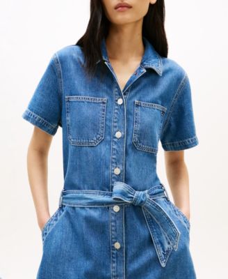 Women's Short-Sleeve Belted Denim Dress