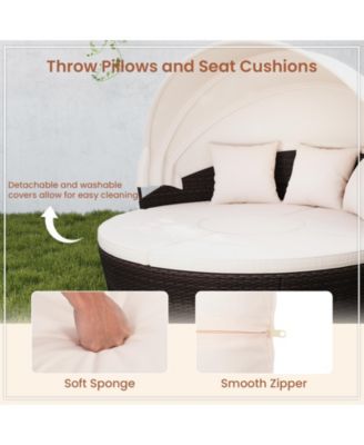 Patio Round Daybed PE Rattan Cushioned Sectional Seating w/ Retractable Canopy Outdoor