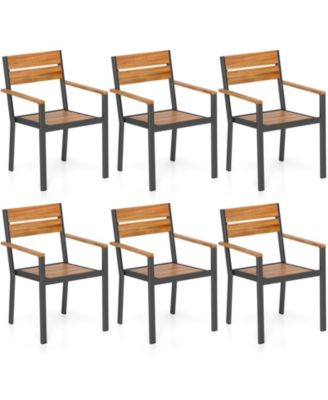Patio Dining Chair set of 6 w/ Heavy-duty Metal Frame 6 Acacia Armrest Stackable Chairs