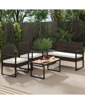 4 Pieces Patio Furniture Set PE Rattan Porch Chairs w/ Loveseat & Coffee Table