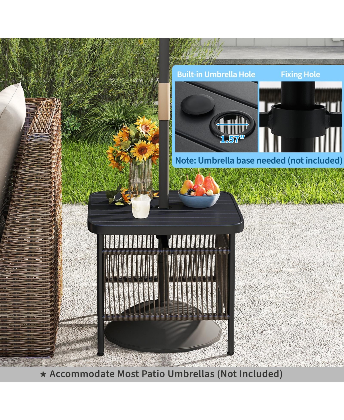 Gymax Pe Rattan Outdoor Side Table with 1.57-Inch Umbrella Hole, Square Patio End Table